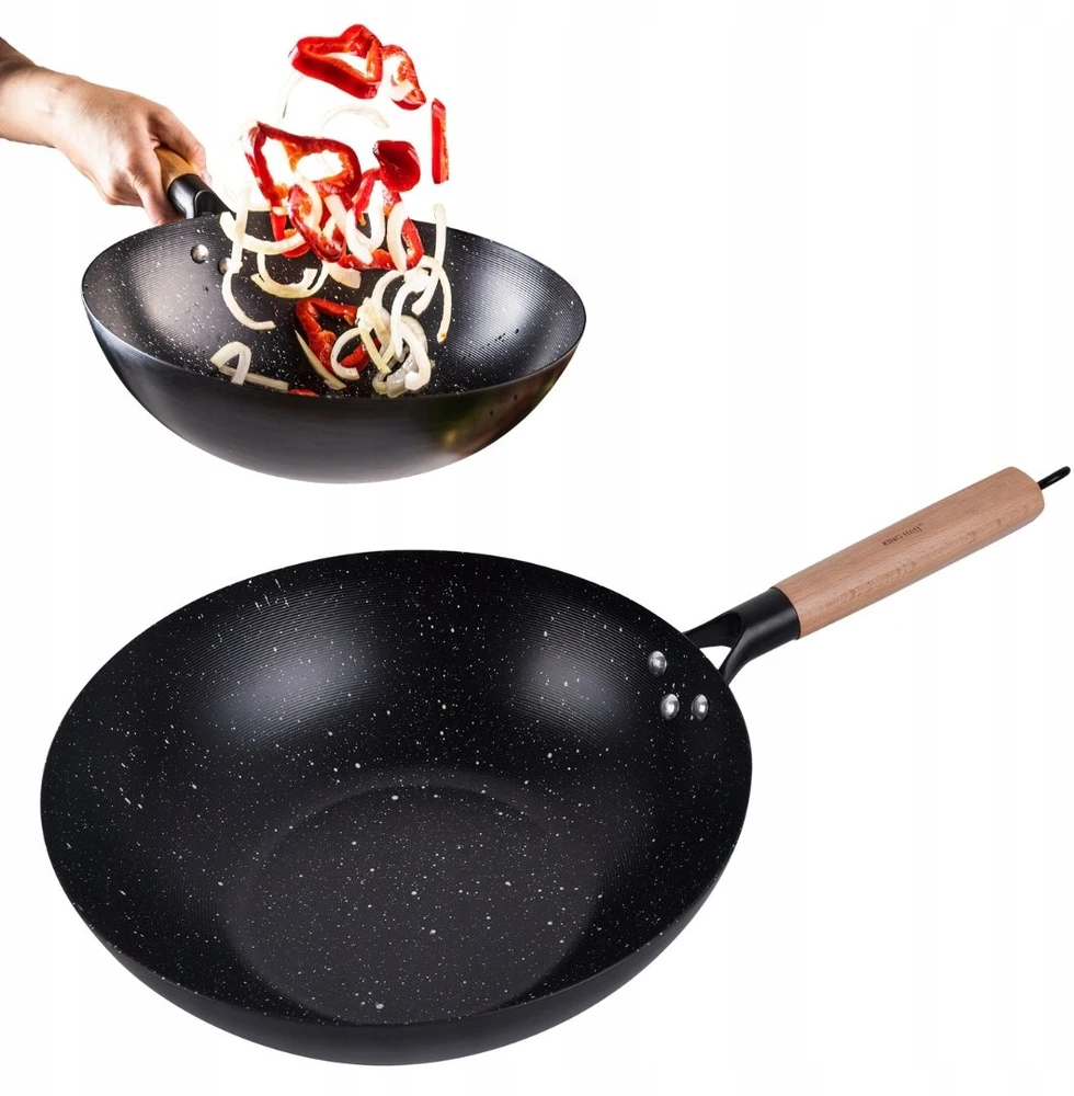 King Hoff Keptuvė Wok keptuvė 30 cm, anglinio plieno, marmurinė nelimpanti danga, medinė rankena, kinghoff, kh-1983