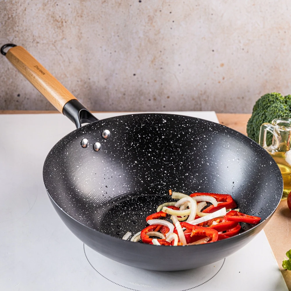 King Hoff Keptuvė Wok keptuvė 30 cm, anglinio plieno, marmurinė nelimpanti danga, medinė rankena, kinghoff, kh-1983