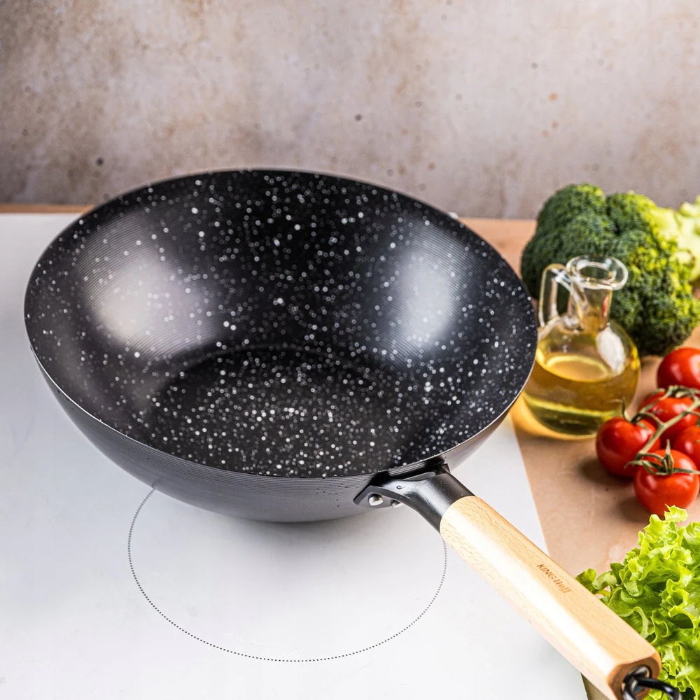 King Hoff Keptuvė Wok keptuvė 30 cm, anglinio plieno, marmurinė nelimpanti danga, medinė rankena, kinghoff, kh-1983