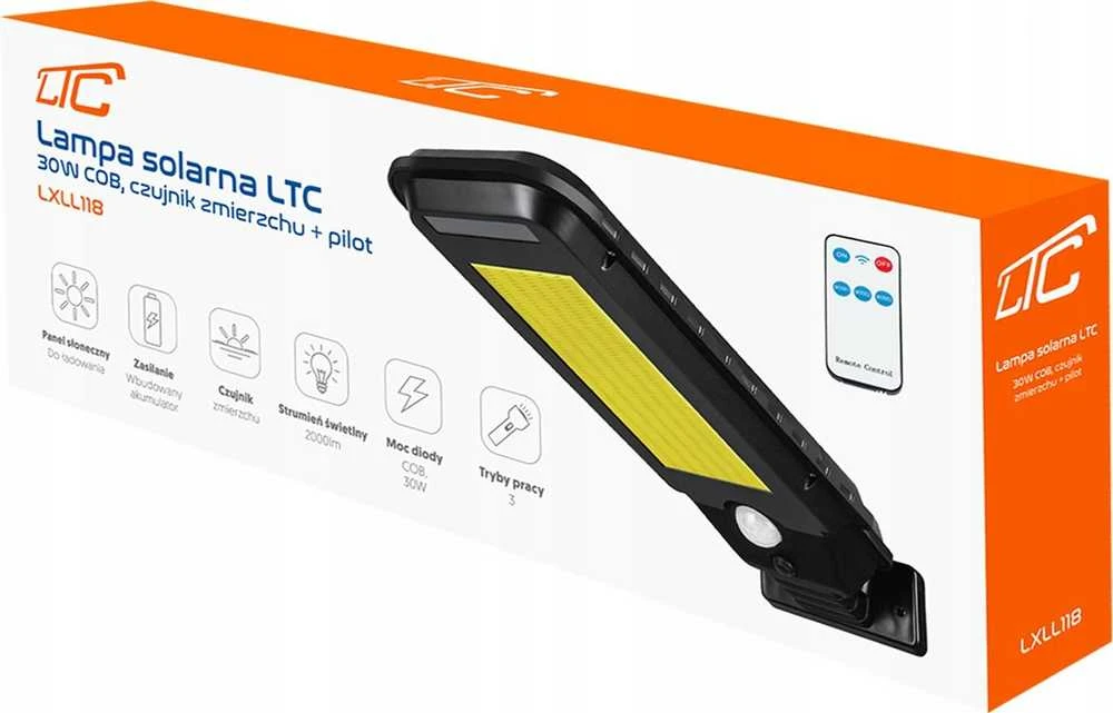 Sieninis šviestuvas LTC Saulės šviestuvas LTC 30 W COB, 2000 lm, judesio ir prieblandos jutiklis, 2400 mAh baterija + pultelis.