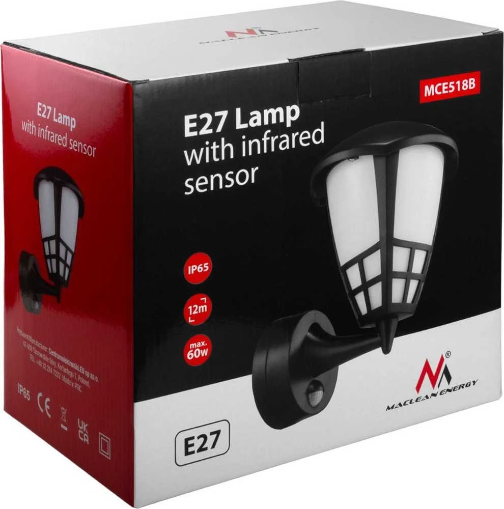 Sieninis šviestuvas 1xE27 su Maclean jutikliu, infraraudonųjų spindulių jutikliu, maks. apkrova 60W, IP65, juoda spalva, MCE518 B