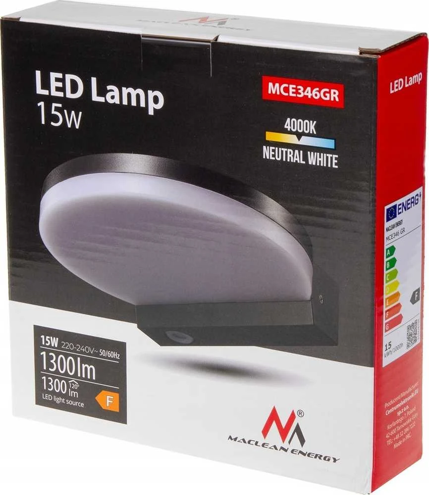 Sieninis šviestuvas Lampa „Maclean“ LED lempa, pilka, 15 W, IP65, 1300 lm, neutrali balta (4000 K) MCE346 GR