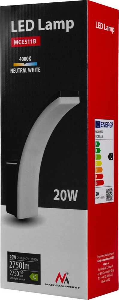 Sieninis šviestuvas Lampa LED Maclean,spalva juoda, 20W, IP65, 2750lm, barwa neutralna balta (4000K) MCE511 B