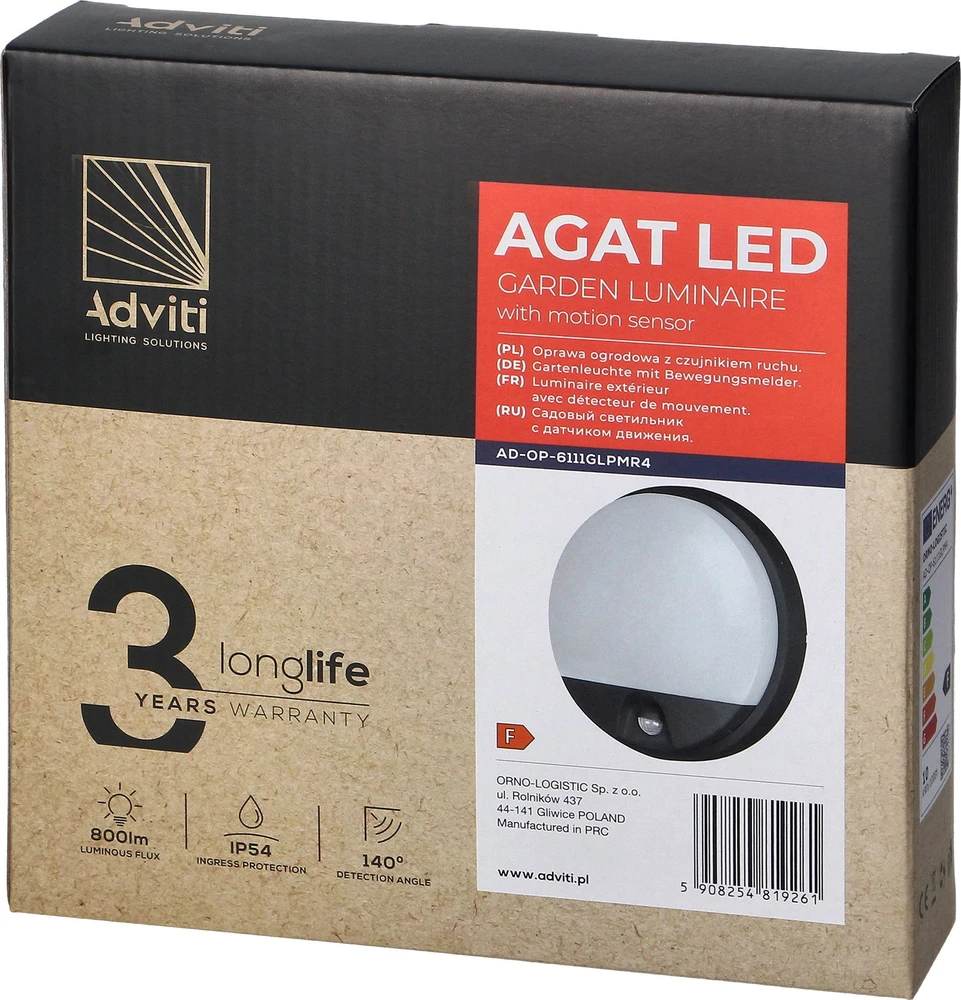 Sieninis šviestuvas Orno AGAT LED 10W, sodo šviestuvas su judesio jutikliu 140°, 800lm, IP54, 4000K, pilkas