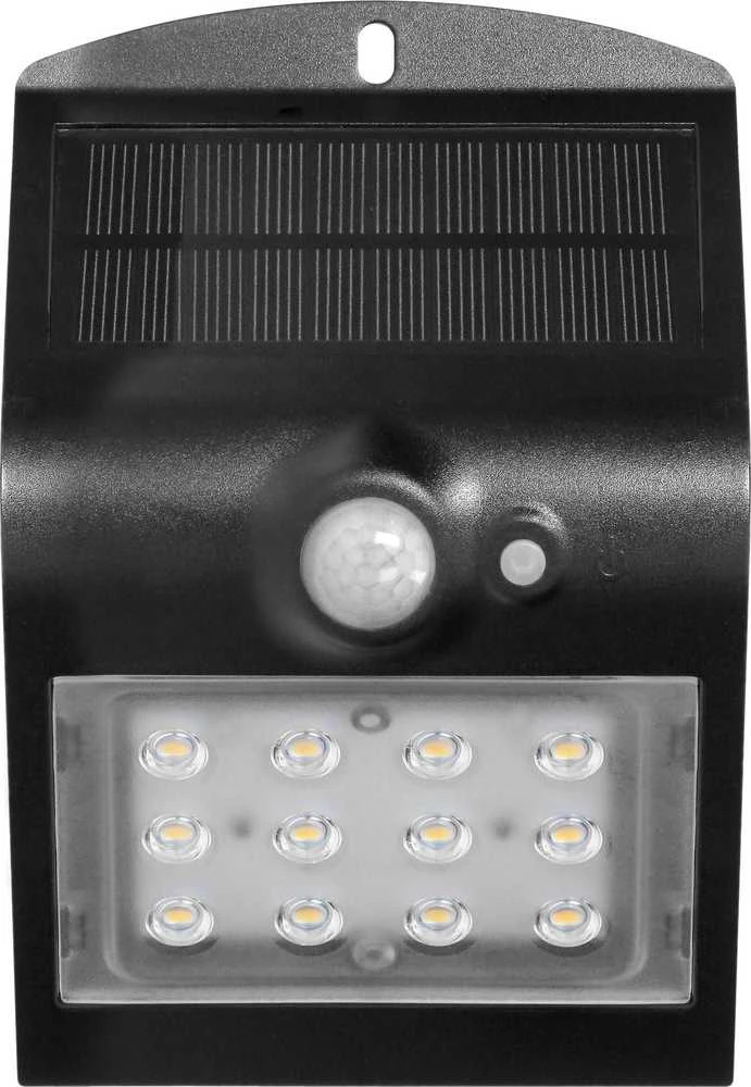 Sieninis šviestuvas Orno SILOE LED 1,5 W, saulės energija varomas šviestuvas su judesio jutikliu 120°, 190 lm, IP65, 4000 K, 1200 mAh, dvigubas šviesos šaltinis, juodas