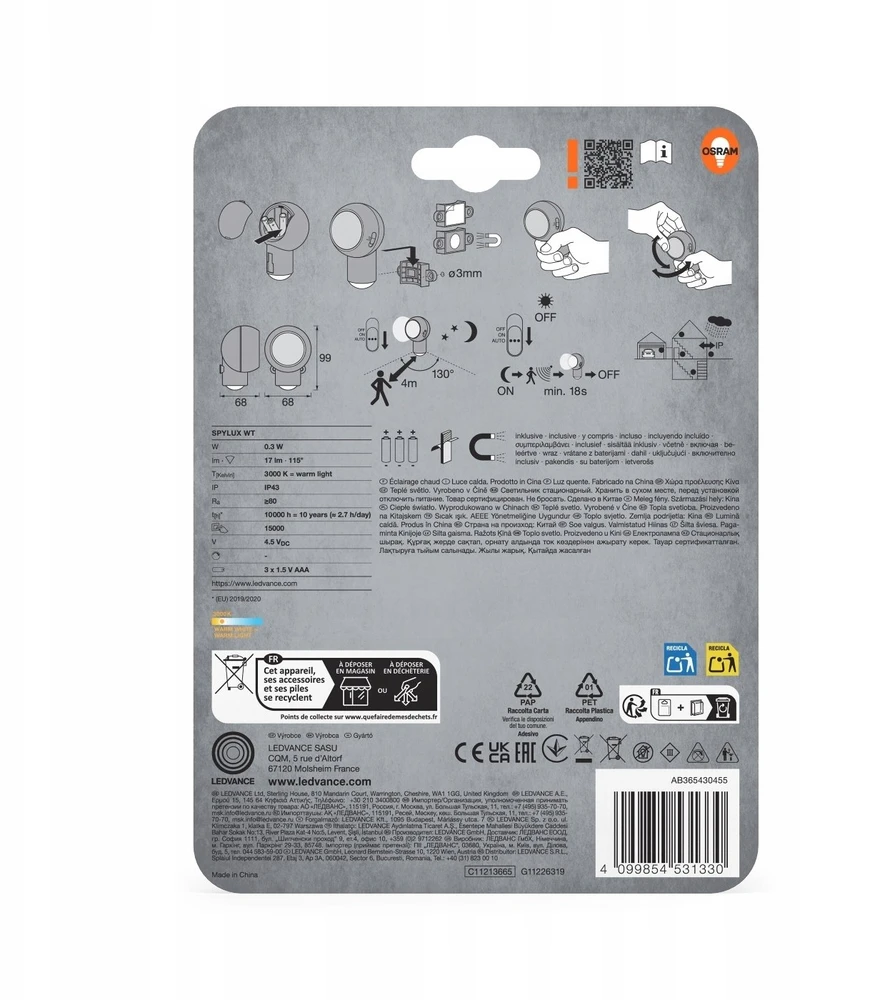 Osram 0,3W LED sieninis šviestuvas SPYLUX, baltas, 3000K, su baterija ir judesio davikliu, IP43