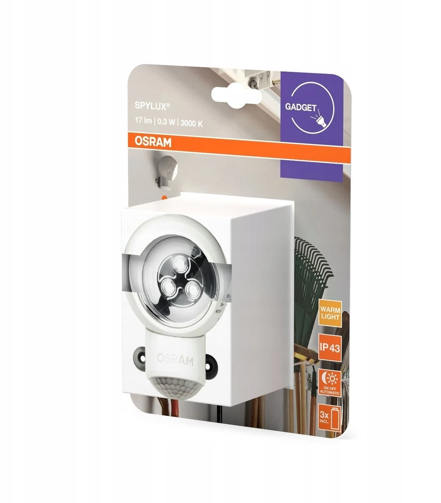 Osram 0,3W LED sieninis šviestuvas SPYLUX, baltas, 3000K, su baterija ir judesio davikliu, IP43