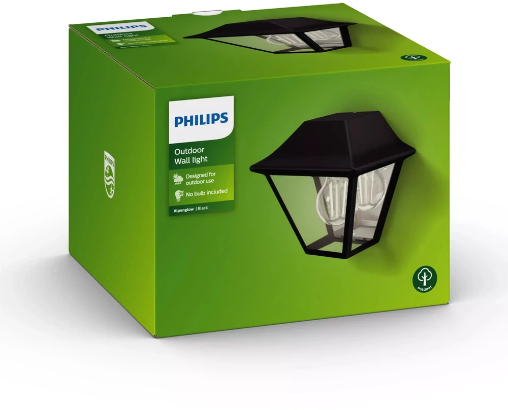 Sieninis šviestuvas Lauko žibintas Philips Alpenglow, 1xE27, max 42W, IP44, 130x181x170mm, juodas