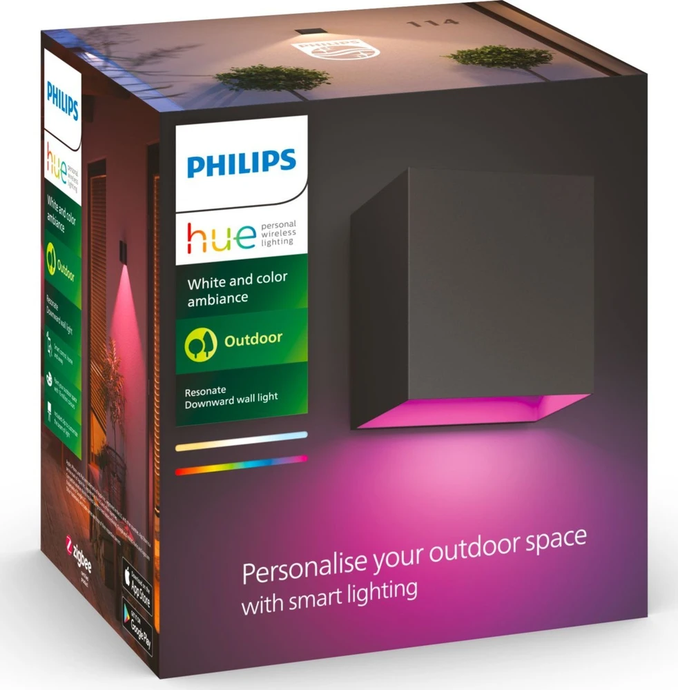 Sieninis šviestuvas Philips Hue WCA Resonate Outdoor Downward Wall Lantern, Juodas | 8 W | 2000-6500 Hue Baltas Color Ambiance