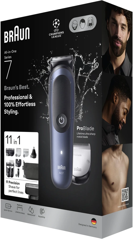 Braun 11in1 priežiūros rinkinys | Viskas viename, 7 serija, AIO7540 | Belaidis | Ilgio pakopų skaičius: 14 | Juodas/Mėlyna