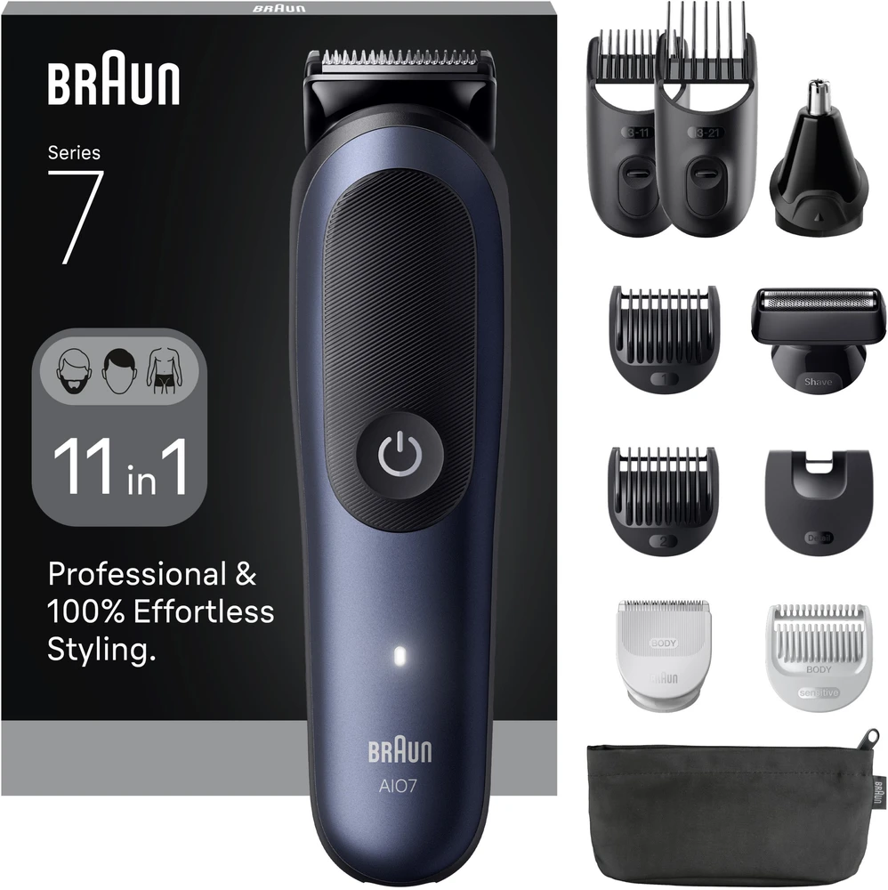 Braun 11in1 priežiūros rinkinys | Viskas viename, 7 serija, AIO7540 | Belaidis | Ilgio pakopų skaičius: 14 | Juodas/Mėlyna