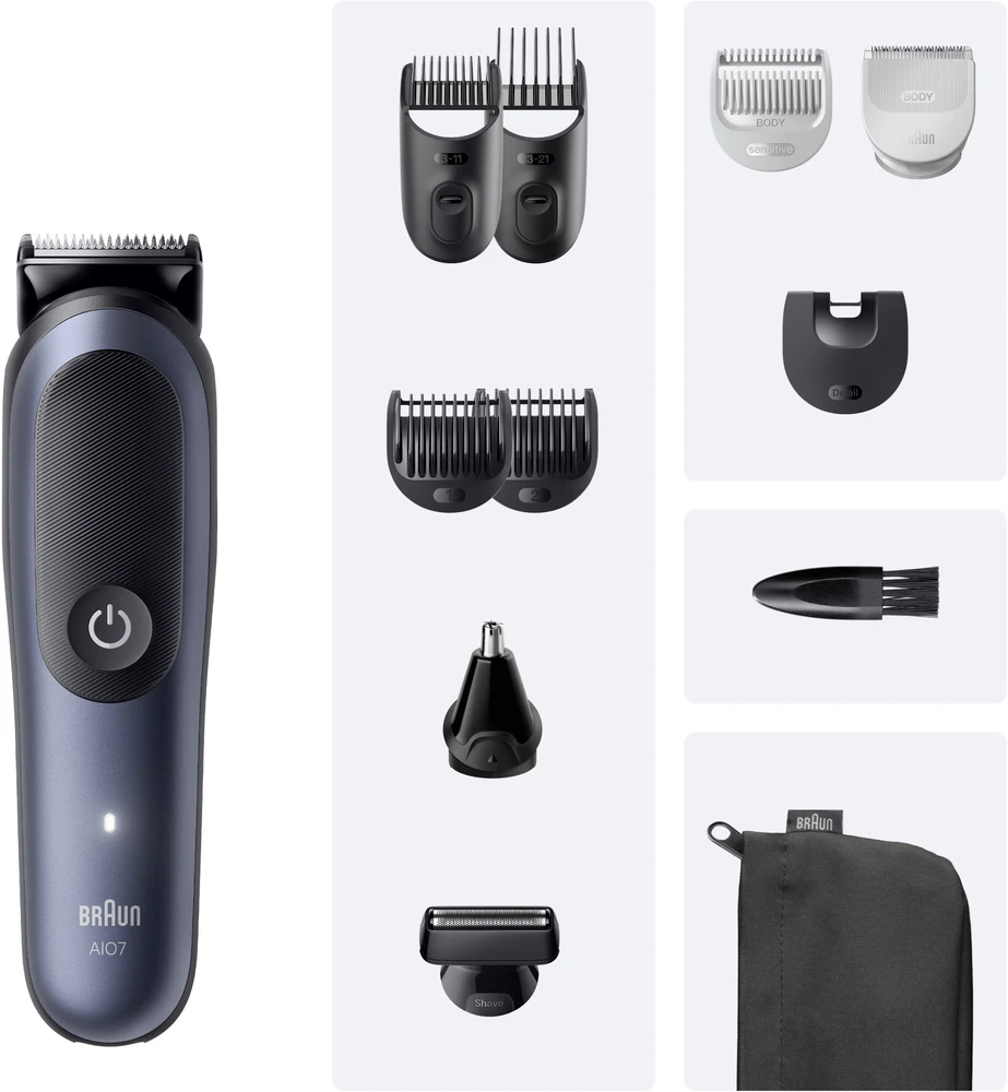 Braun 11in1 priežiūros rinkinys | Viskas viename, 7 serija, AIO7540 | Belaidis | Ilgio pakopų skaičius: 14 | Juodas/Mėlyna