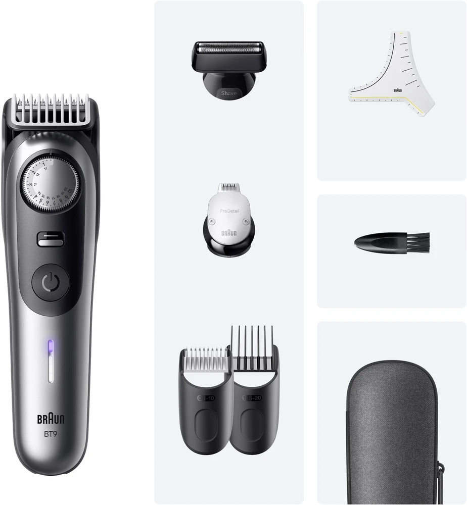 Barzdaskutė „Braun BeardTrimmer 9 80789785“ barzdos kirptuvas, su akumuliatoriumi, 20,2 cm, drėgnam ir sausam skutimui, pilkas
