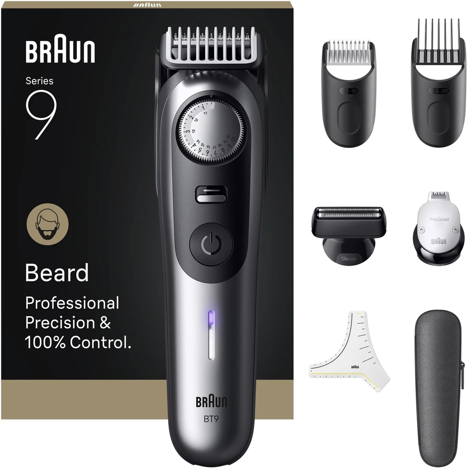 Barzdaskutė „Braun BeardTrimmer 9 80789785“ barzdos kirptuvas, su akumuliatoriumi, 20,2 cm, drėgnam ir sausam skutimui, pilkas
