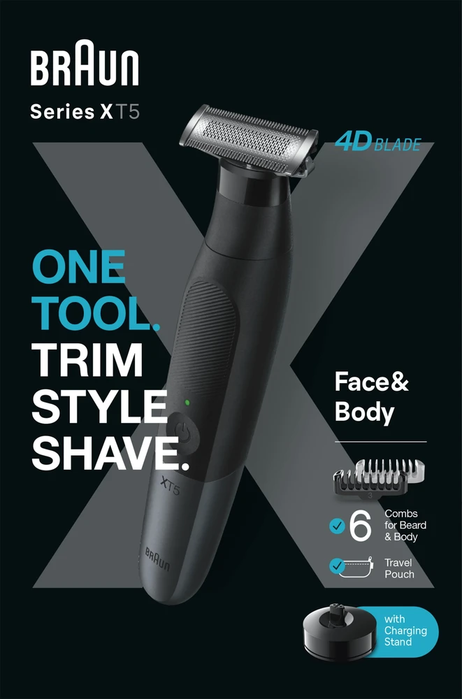 Barzdaskutė Braun Face and Body plaukų kirpimo mašinėlė | XT5300 Series XT5 | Belaidis | Šlapiam ir sausam naudojimui | Ilgio pakopų skaičius 6 | Juoda/Sidabrinė