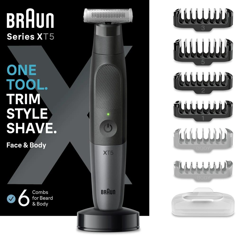 Barzdaskutė Braun Face and Body plaukų kirpimo mašinėlė | XT5300 Series XT5 | Belaidis | Šlapiam ir sausam naudojimui | Ilgio pakopų skaičius 6 | Juoda/Sidabrinė