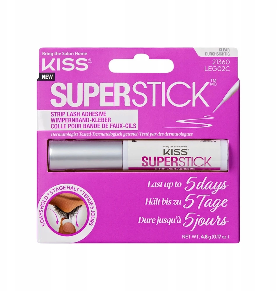 KISS „Super Stick“ 5 dienų ilgalaikio nešiojimo blakstienų klijai (nuimami blakstienų klijai), skaidrūs, 4,8 g