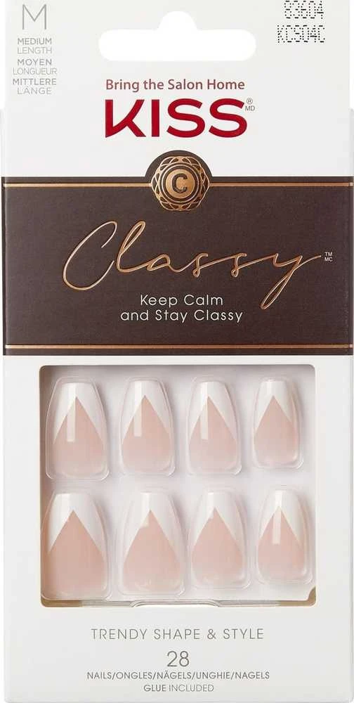 KISS Dirbtiniai nagai su klijais Classy Nails, Šilkinė suknelė, Balta, Vidutinis karstas