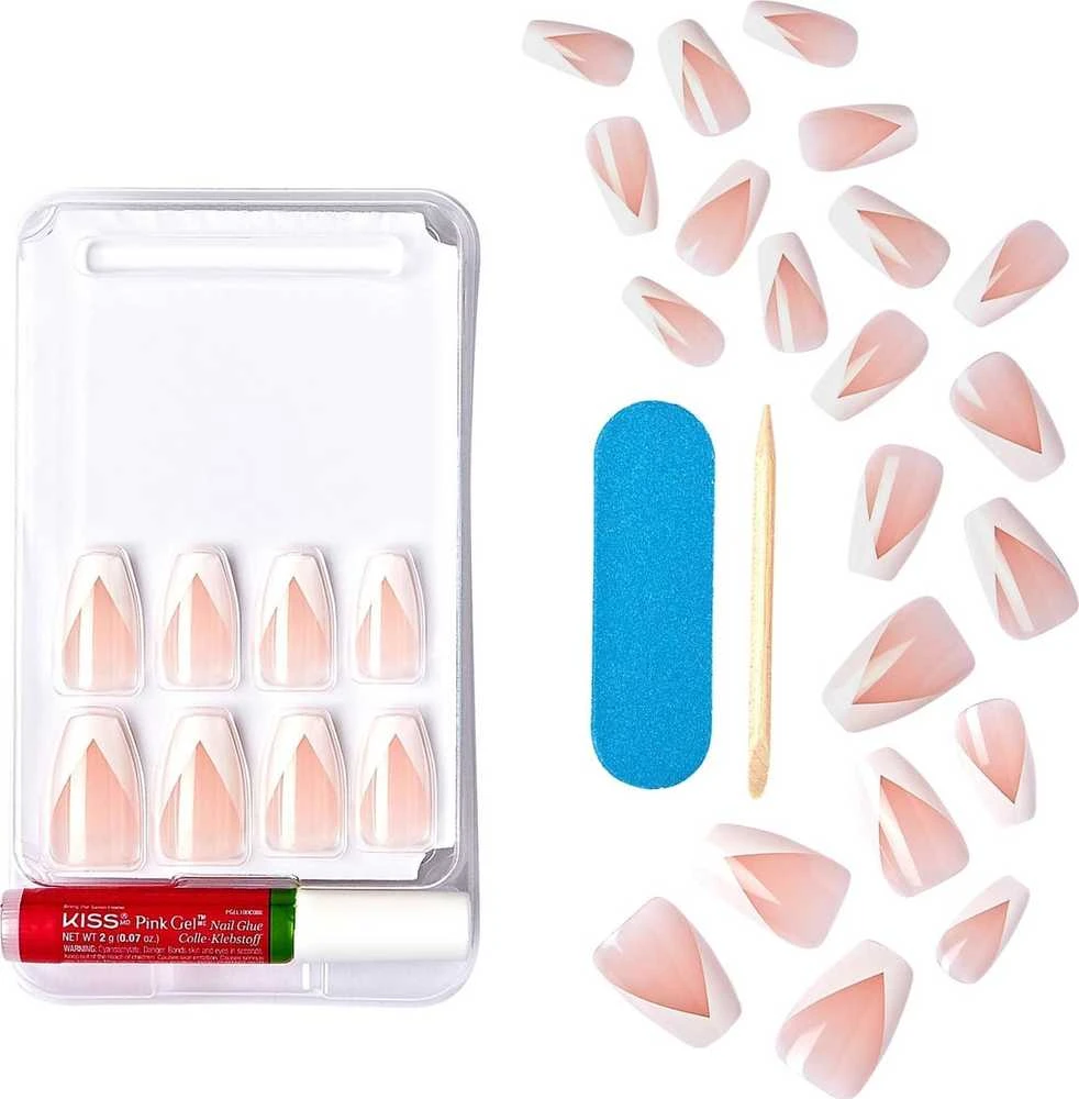 KISS Dirbtiniai nagai su klijais Classy Nails, Šilkinė suknelė, Balta, Vidutinis karstas