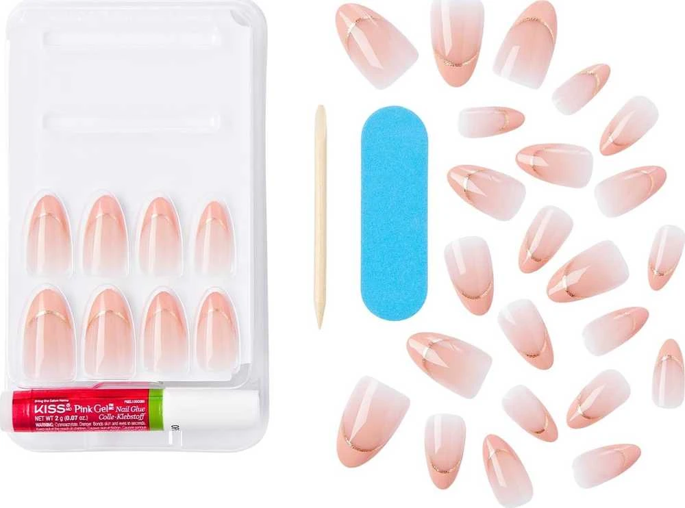 Rožinė KISS Dirbtiniai nagai su klijais Voguish Fantasy French, Rožinė French Tips, Medium, Migdolų forma