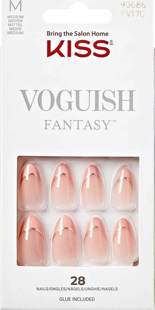 Rožinė KISS Dirbtiniai nagai su klijais Voguish Fantasy French, Rožinė French Tips, Medium, Migdolų forma