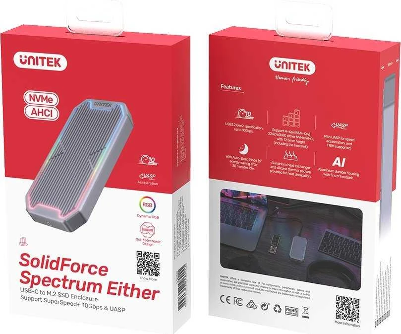 UNITEK USB-C M.2 SSD NVME/SATA išorinis korpusas, 10Gbps, RGB
