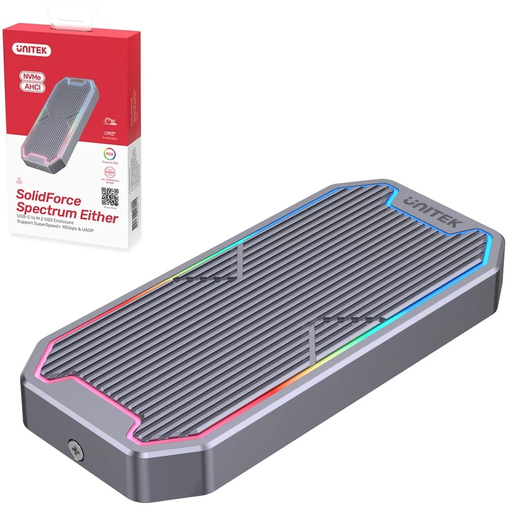 UNITEK USB-C M.2 SSD NVME/SATA išorinis korpusas, 10Gbps, RGB