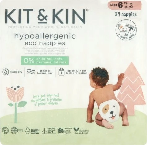 „Kit and Kin“, vienkartinės sauskelnės 6 vnt. vaikams (nuo 15 kg), šunims/pingvinams, 24 vnt.