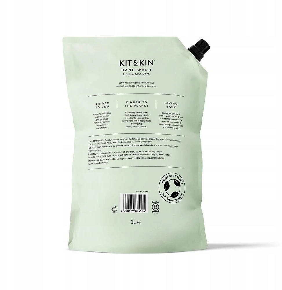 Kit & Kin natūralus skystas rankų muilas su laimo ir alavijo kvapu - papildymas, 1 l