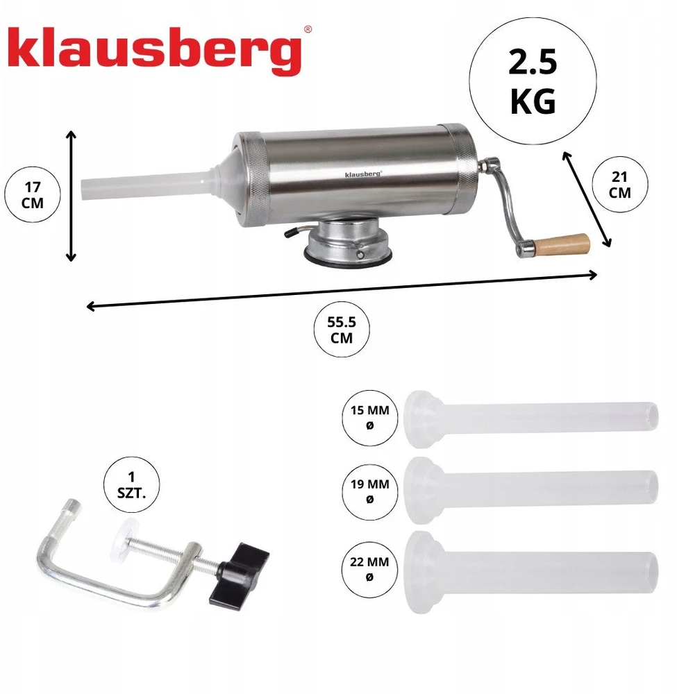 Nadziewarka Dešrų kimštuvas, talpa 2,5kg, horizontalus, nerūdijančio plieno, Klausberg, kb-7925