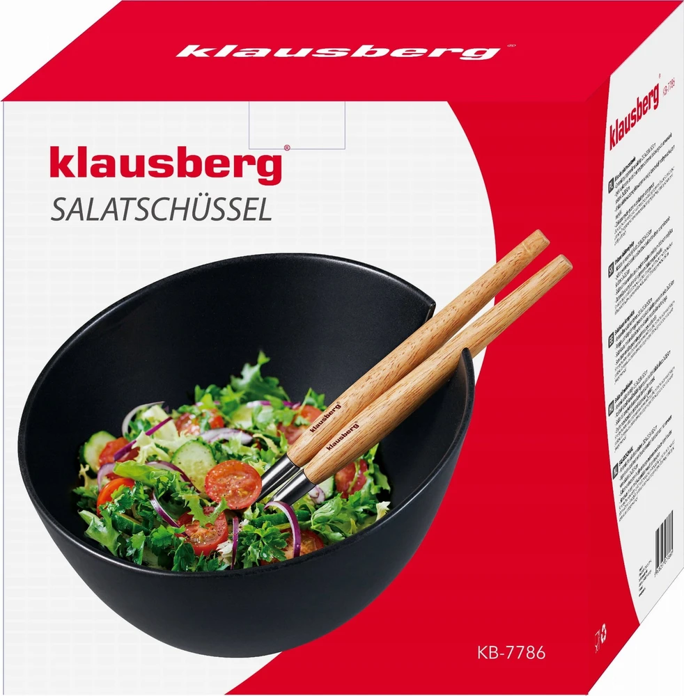 Misa Keraminis salotų dubuo, juodas, su plieninių šaukštų su medinėmis rankenomis rinkiniu, Klausberg, kb-7786