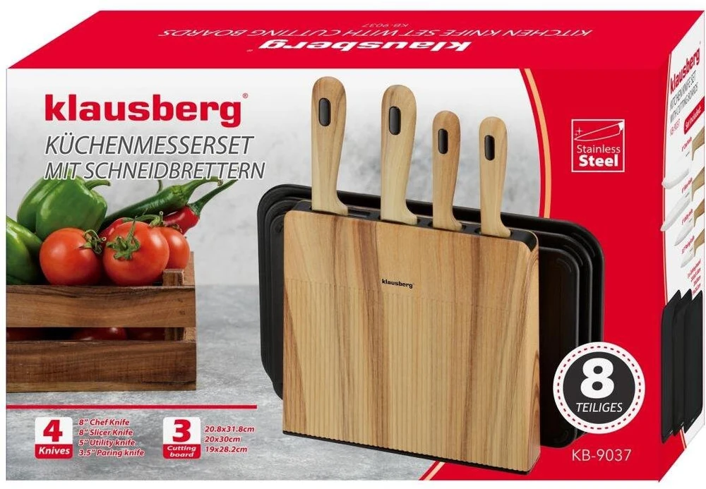 Rinkinys 8 dalių peilių ir lentelių rinkinys su organizatoriumi, medinis, nerūdijantis plienas, Klausberg, kb-9037