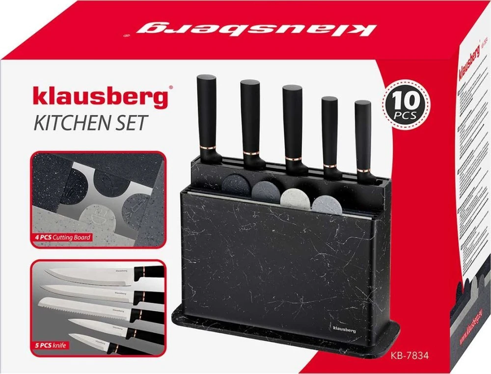 Rinkinys Peilių ir pjaustymo lentelių rinkinys, marmuro juodos ir pilkos spalvos, Klausberg, kb-7834