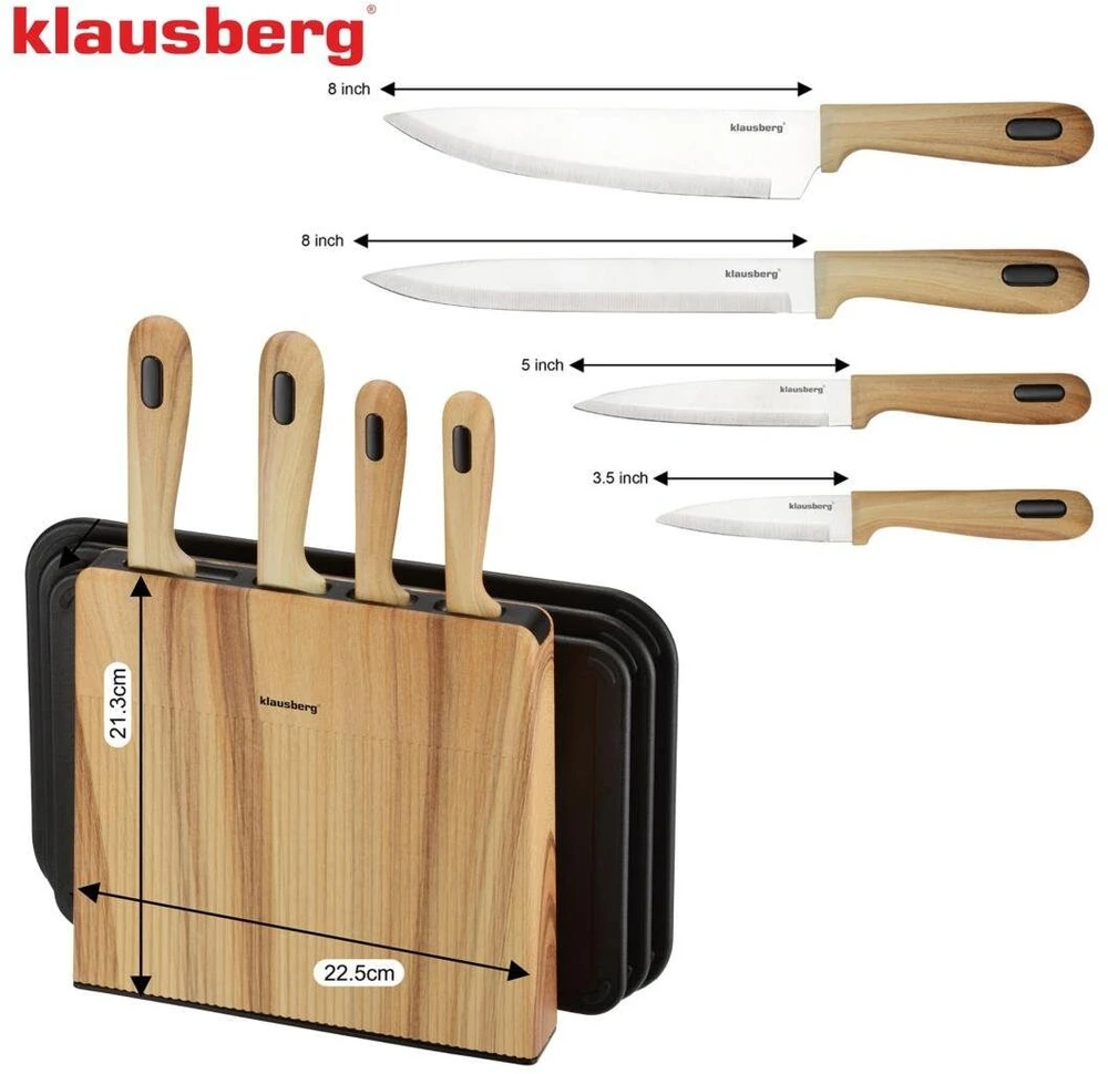 Rinkinys 8 dalių peilių ir lentelių rinkinys su organizatoriumi, medinis, nerūdijantis plienas, Klausberg, kb-9037