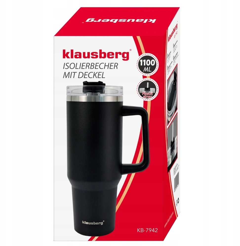 Puodelis Termospuodelis su šiaudeliu, juodas, 1100 ml, nerūdijančio plieno, Klausberg, kb-7942