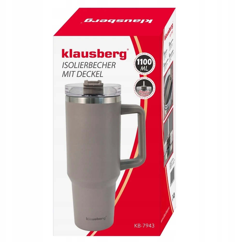 Puodelis Termospuodelis su šiaudeliu, pilkas, 1100 ml, nerūdijančio plieno, Klausberg, kb-7943