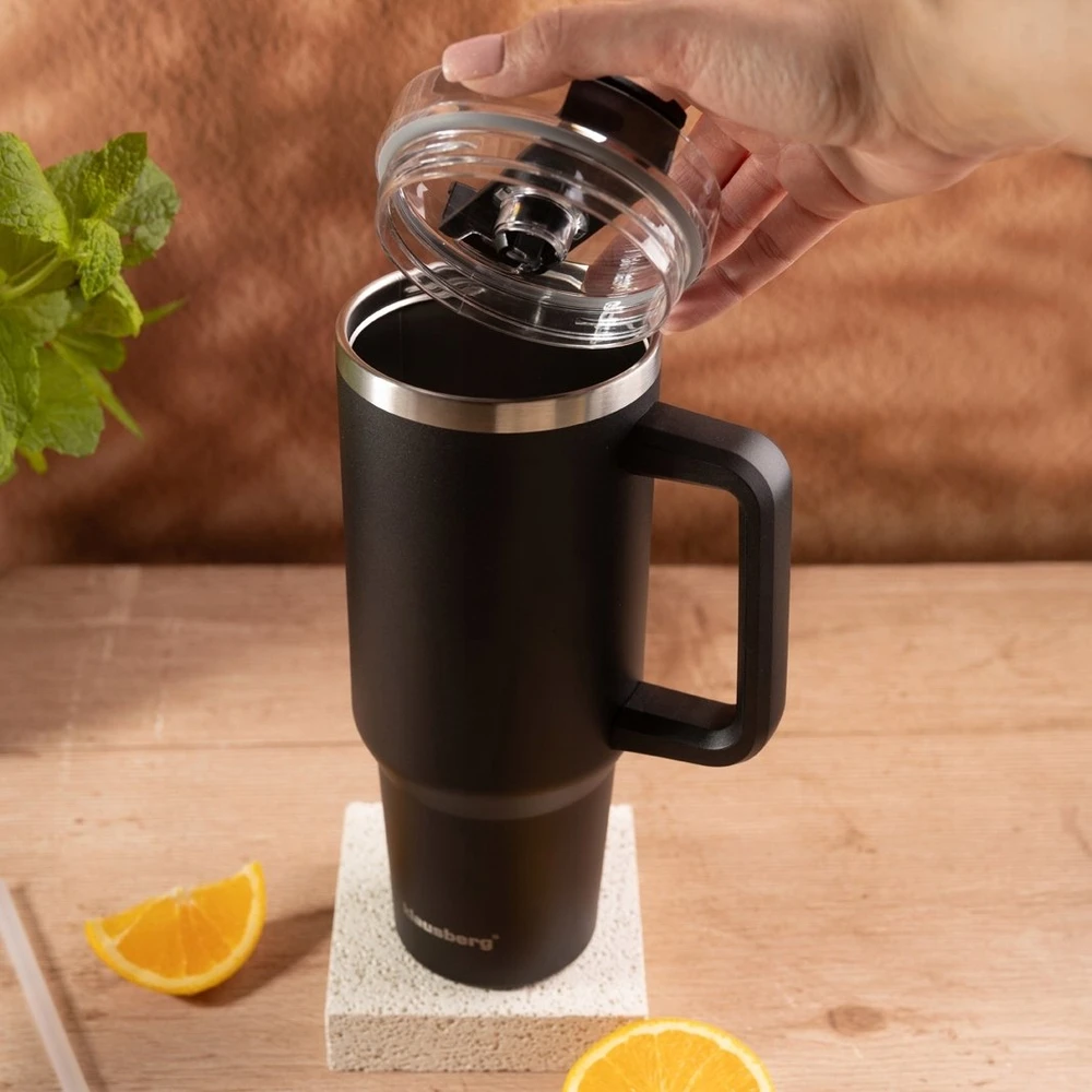 Puodelis Termospuodelis su šiaudeliu, juodas, 1100 ml, nerūdijančio plieno, Klausberg, kb-7942