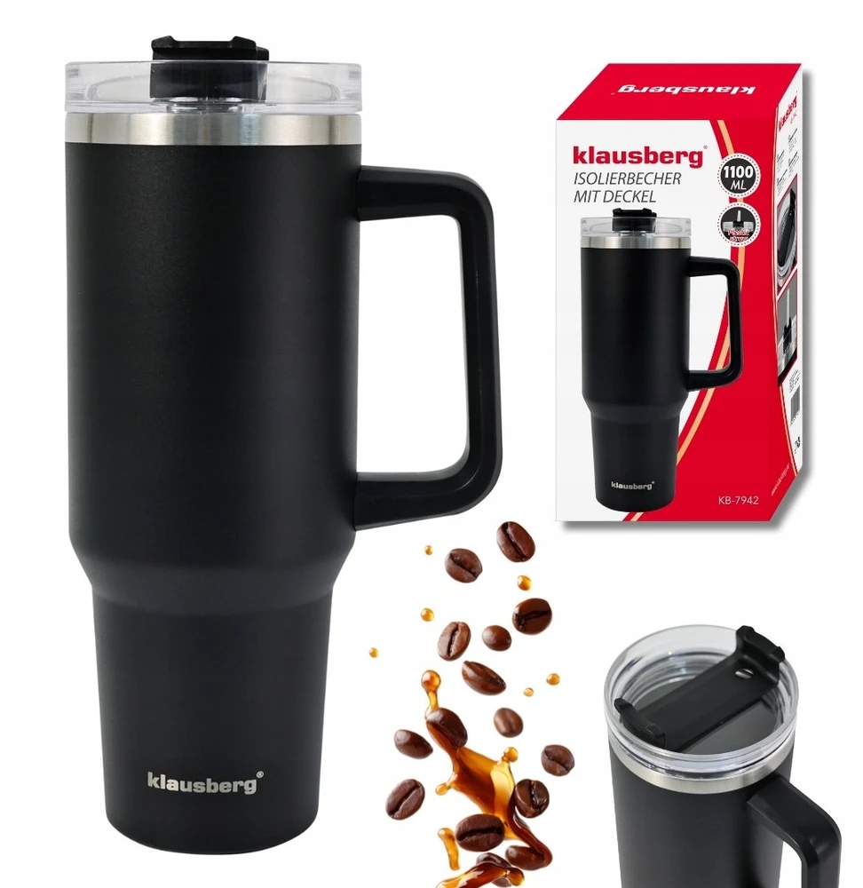 Puodelis Termospuodelis su šiaudeliu, juodas, 1100 ml, nerūdijančio plieno, Klausberg, kb-7942
