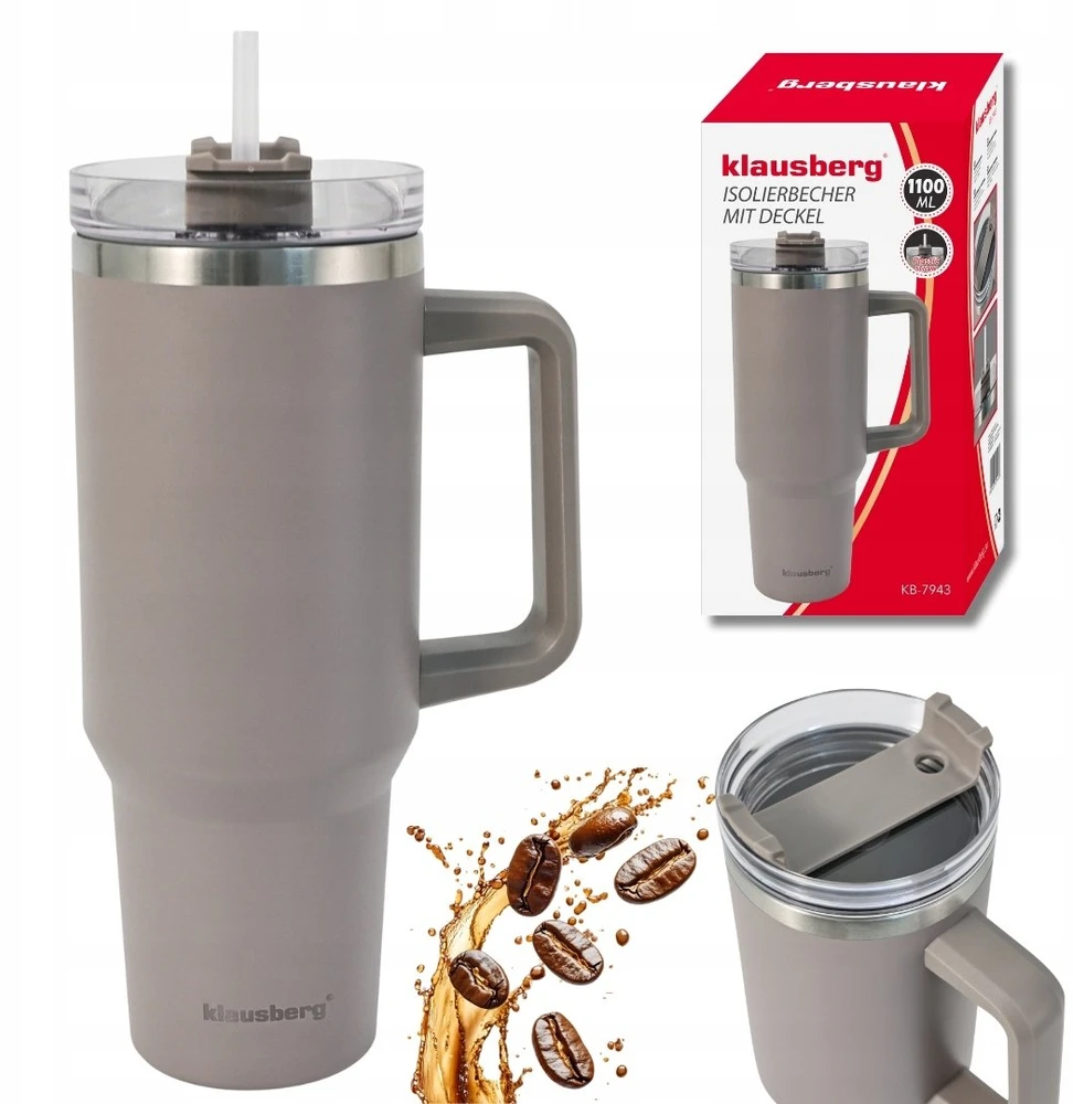 Puodelis Termospuodelis su šiaudeliu, pilkas, 1100 ml, nerūdijančio plieno, Klausberg, kb-7943