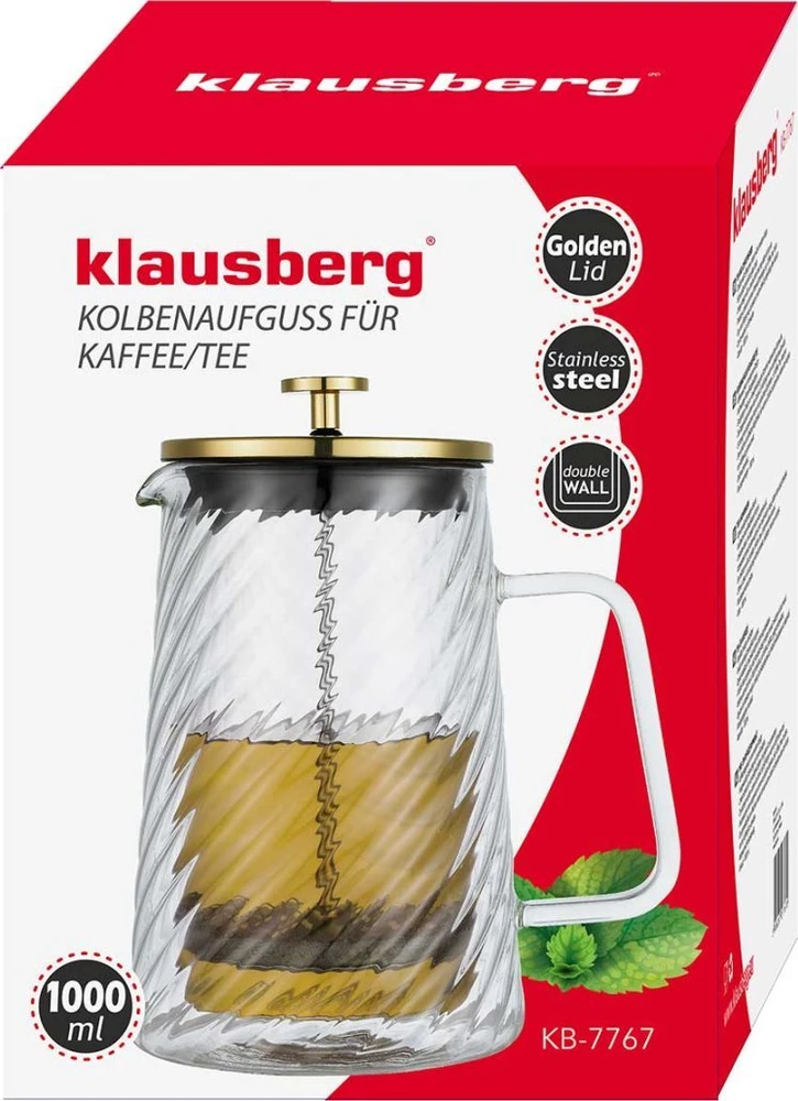 Zaparzacz Stūmoklinis kavos/arbatos virimo aparatas, stiklinis, 1 l, Klausberg, kb-7767