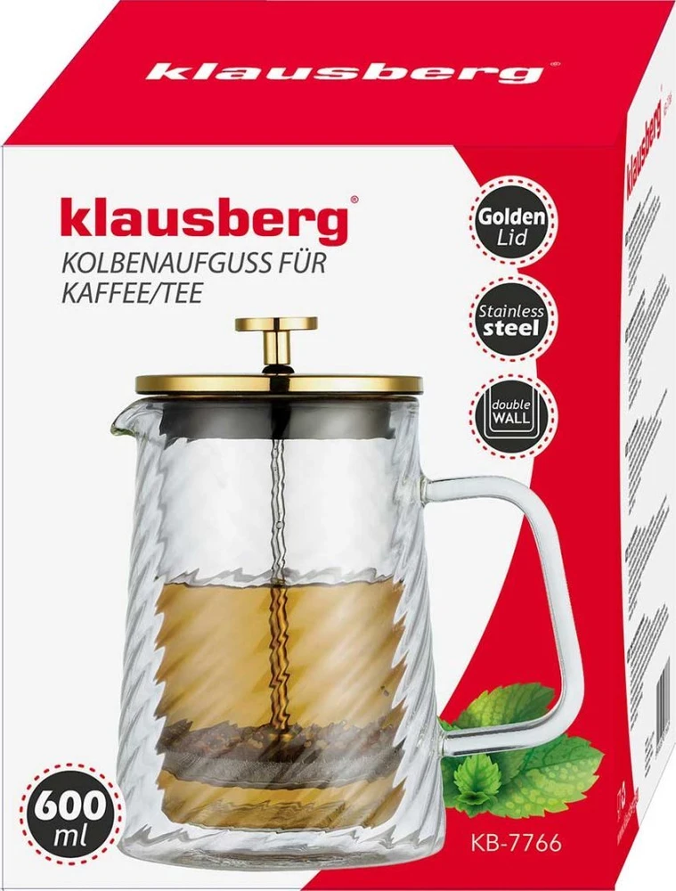Zaparzacz Stūmoklinis kavos/arbatos virimo aparatas, stiklinis, 0,60 l, Klausberg, kb-7766