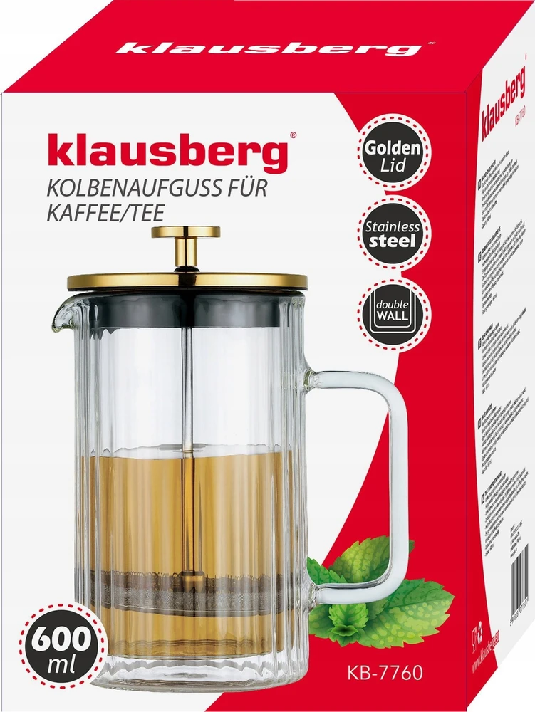 Zaparzacz Stūmoklinis kavos/arbatos virimo aparatas, stiklinis, 0,60 l, Klausberg, kb-7760