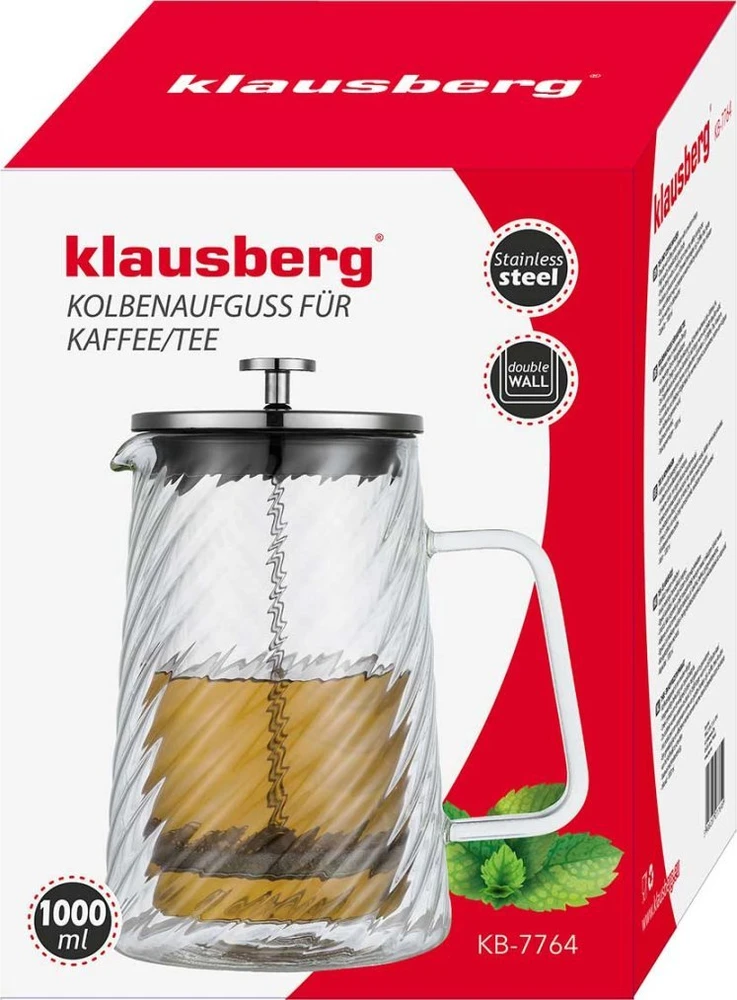 Zaparzacz Stūmoklinis kavos/arbatos virimo aparatas, stiklinis, 1 l, Klausberg, kb-7764