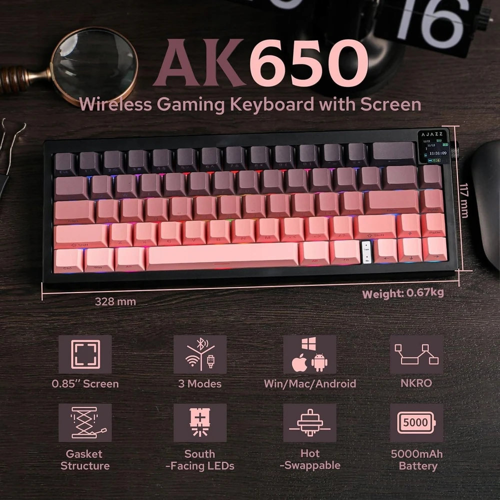 Klaviatūra mechaninė belaidė Ajazz AK650 Dream Weaver Switch Side Character Gradient Rožinė RGB su ekanem