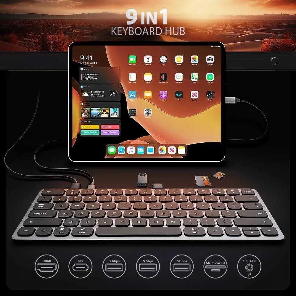 AXAGON HMC-KB klaviatūra USB-C 5Gbps su HUB, Micro SD/SD, 3x USB-A, HDMI 4K/60Hz, PD 100W, Garsas, JAV išdėstymas