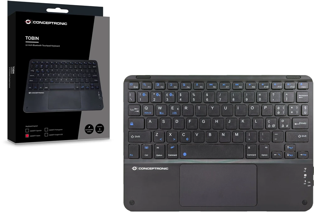 Klaviatūra Conceptronic Belaidė 10'' BT5.4 Układ włoski Juodas (TOBIN01BIT)