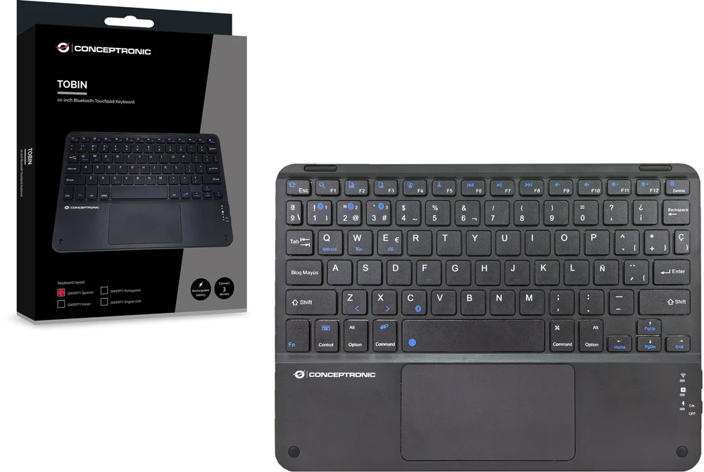 Klaviatūra Conceptronic Wireless BT5.4 10'' Układ Hiszpański Juodas (TOBIN01BES)