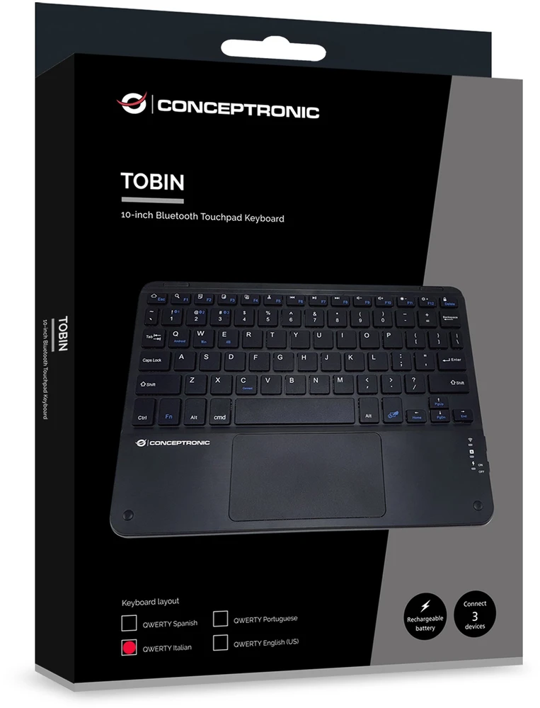 Klaviatūra Conceptronic Belaidė 10'' BT5.4 Układ włoski Juodas (TOBIN01BIT)