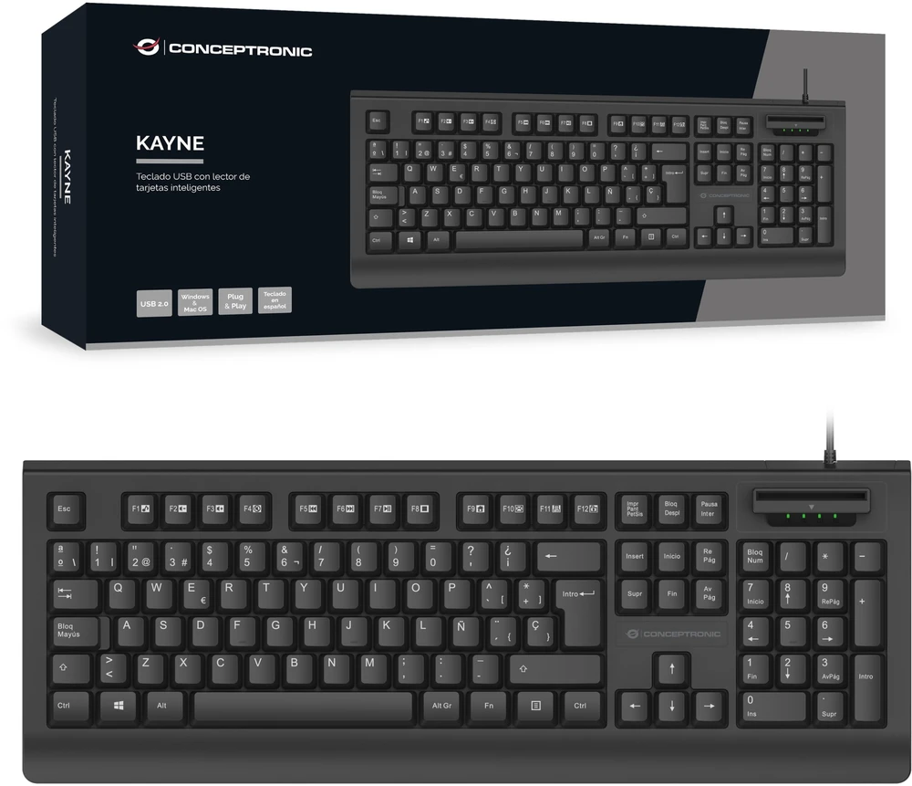 Klaviatūra Conceptronic Klaviatūra su USB jungtimi + Smart Skaitytuvas kart identyfikacyjnych išdėstymas ES juoda (KAYNE01ES)