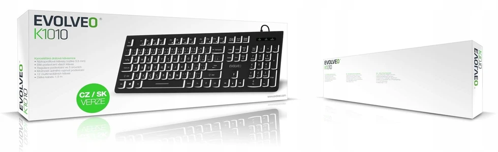 EVOLVEO klaviatūra K1010, tyli, laidinė USB, foninis apšvietimas, CZ+SK, juoda